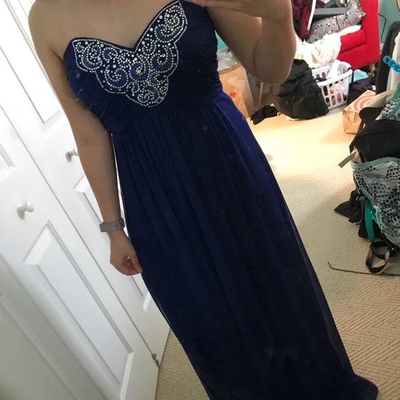 Navy Blue Strapless Prom Dress - Picture 2 of 6